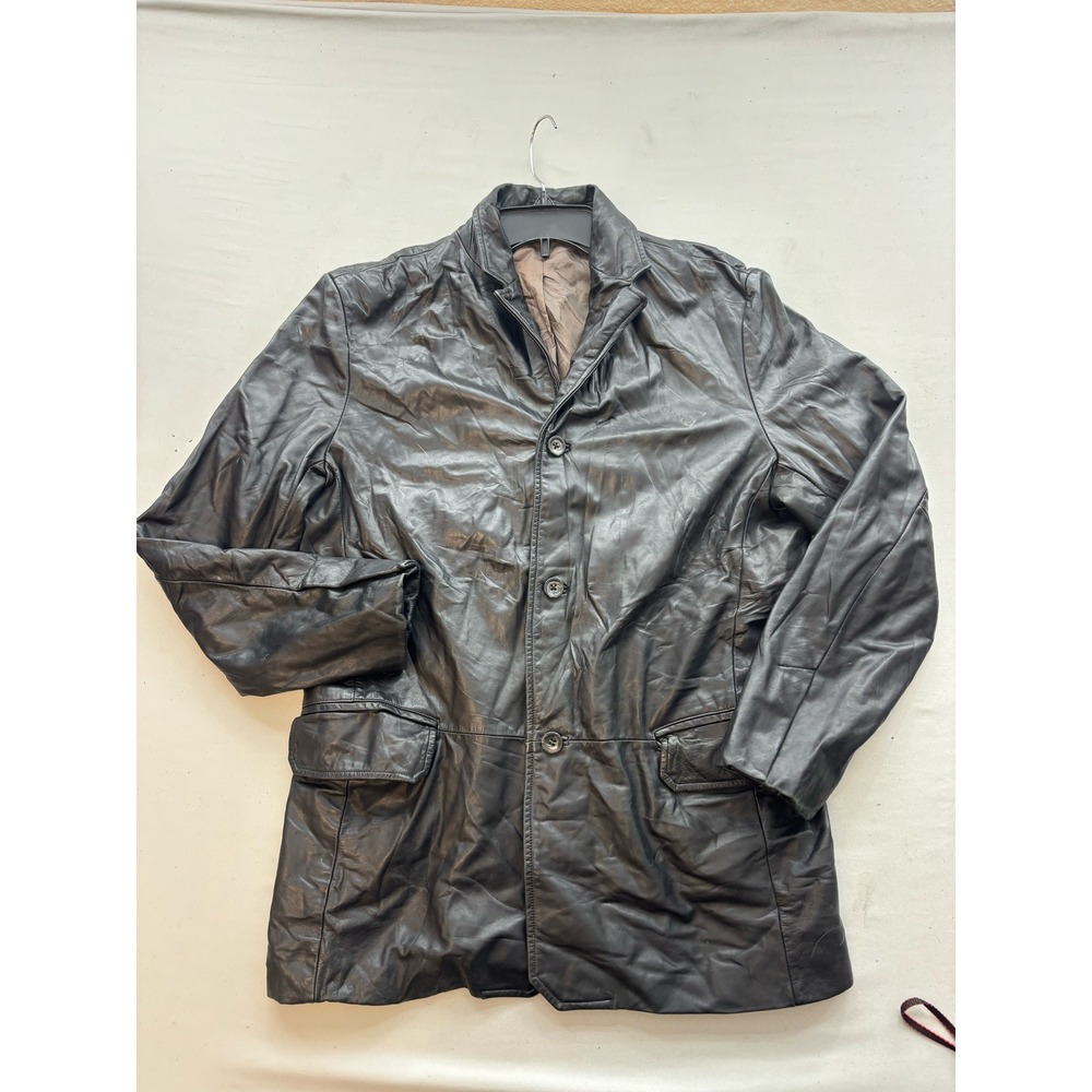 Vintage Black Leather Blazer Jacket Mens Three Button Mid Length Coat Korea